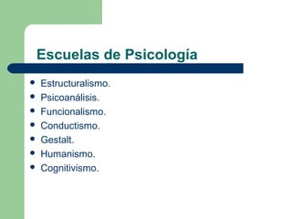 Escuelas de Psicología
   Estructuralismo.
   Psicoanálisis.
   Funcionalismo.
   Conductismo.
   Gestalt.
   Humanismo.
   Cognitivismo.
 