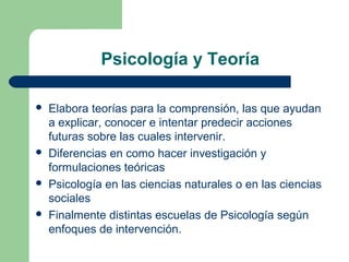 Psicología y Teoría

   Elabora teorías para la comprensión, las que ayudan
    a explicar, conocer e intentar predecir acciones
    futuras sobre las cuales intervenir.
   Diferencias en como hacer investigación y
    formulaciones teóricas
   Psicología en las ciencias naturales o en las ciencias
    sociales
   Finalmente distintas escuelas de Psicología según
    enfoques de intervención.
 