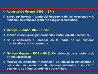  Augustus De Morgan (1806 – 1871)
 Leyes de Morgan = teoría del desarrollo de las relaciones y la
  matemática simbólica moderna o lógica matemática.


 George F. Cantor (1845 – 1918)
 Infinito continuo (conjuntos infinitos dados simultáneamente).
 Se le considera el creador de la teoría de los números
  irracionales y de los conjuntos.


 Gerhard Gentzen (1909 – 1945). Consistencia de un sistema de
  aritmética clásica
 Método no elemental = extensión de inducción matemática a
  partir de una secuencia de números naturales a un cierto
  segmento de números ordinales transfinitos.
 