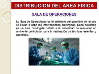 La Sala de Operaciones es el ambiente del quirófano en el que
se llevan a cabo las intervenciones quirúrgicas. Cada quirófano
es un área restringida debido a la necesidad de mantener un
ambiente controlado, para la realización de técnicas estériles y
asépticas.
 