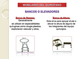Banco de Reposo:
Generalmente
se utilizan en especialidades
quirugicas como cirugia plastica,
exploracion vascular y otros.
Banco de Altura:
Esta sirve para apoyar el pie o
elevar la altura de alguno de
los integrantes del equipo
quirurgico.
 