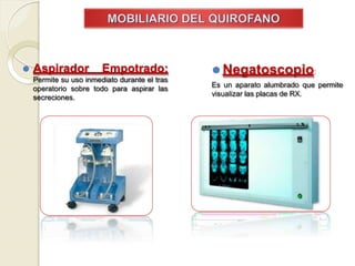 ⚫ Aspirador Empotrado:
Permite su uso inmediato durante el tras
operatorio sobre todo para aspirar las
secreciones.
⚫ Negatoscopio:
Es un aparato alumbrado que permite
visualizar las placas de RX.
 