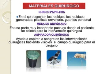 ⚫En el se desechan los residuos los residuos
generados; plásticos envoltorio, guantes personal
Es una parte muy importante pues es donde el paciente
se coloca para la intervención quirúrgica
Ayuda a espirar la sangre en las intervenciones
quirúrgicas haciendo visibles el campo quirúrgico para el
cirujano
 