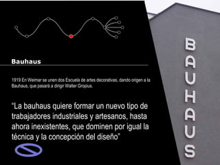 Cursos de Doctorado 2008
                                                                                         Ramón Rubio




Bauhaus

1919 En Weimar se unen dos Escuela de artes decorativas, dando origen a la
Bauhaus, que pasará a dirigir Walter Gropius.



“La bauhaus quiere formar un nuevo tipo de
trabajadores industriales y artesanos, hasta
ahora inexistentes, que dominen por igual la
técnica y la concepción del diseño”
 