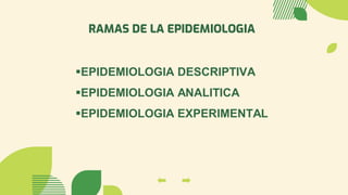 RAMAS DE LA EPIDEMIOLOGIA
▪EPIDEMIOLOGIA DESCRIPTIVA
▪EPIDEMIOLOGIA ANALITICA
▪EPIDEMIOLOGIA EXPERIMENTAL
 