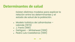 Determinantes de salud
Existen distintos modelos para explicar la
relación entre los determinantes y el
estado de salud de la población.
● Modelo holístico de Laframboise –
Lalonde (1973)
● J. Frenk (1991)
● Dahlgren – Whitehead (1991)
● Pedro Luís Castellanos (1991)
 
