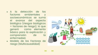 ● A la detección de los
factores ambientales y
socioeconómicos se suma
el avance del aspecto
biológico (riesgos biológicos
= factores de riesgo); lo que
generó como elemento
básico para la explicación y
comprensión de la
enfermedad.
● Modelo de los Factores de
riesgo (Multicausalidad)
 