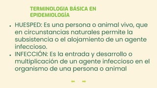 ● HUESPED: Es una persona o animal vivo, que
en circunstancias naturales permite la
subsistencia o el alojamiento de un agente
infeccioso.
● INFECCIÓN: Es la entrada y desarrollo o
multiplicación de un agente infeccioso en el
organismo de una persona o animal
TERMINOLOGIA BÁSICA EN
EPIDEMIOLOGÍA
 