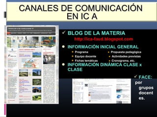 CANALES DE COMUNICACIÓNCANALES DE COMUNICACIÓN
EN IC AEN IC A
 BLOG DE LA MATERIA
http://ica-faud.blogspot.com
 INFORMACIÓN INICIAL GENERAL
 Programa  Propuesta pedagógica
 Equipo docente  Actividades previstas
 Fichas temáticas  Cronograma, etc.
 INFORMACIÓN DINÁMICA CLASE x
CLASE
 FACE:
por
grupos
docent
es.
 