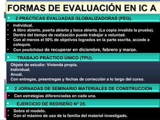 • Sobre el modelo.
• Con el máximo de uso de la familia del material investigado.
• EJERCICIO DE REDISEÑO N° 25.
• Con estrategias diferenciadas en cada una.
• 2 JORNADAS DE SEMINARIO MATERIALES DE CONSTRUCCIÓN
• Objeto de estudio: Vivienda propia.
• Individual.
• Anual.
• Con entregas, preentregas y fechas de corrección a lo largo del curso.
• TRABAJO PRÁCTICO ÚNICO (TPU).
• Individual.
• A libro abierto, puerta abierta y boca abierta. (La copia invalida la prueba).
• Dentro del tiempo de realización puede trabajar a voluntad.
• Con al menos el 50% de objetivos logrados en la parte escrita, accede a
coloquio.
• Con posibilidad de recuperar en diciembre, febrero y marzo.
• 2 PRÁCTICAS EVALUADAS GLOBALIZADORAS (PEG).
FORMASFORMAS DE EVALUACIÓN EN IC ADE EVALUACIÓN EN IC A
 
