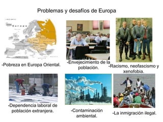 Problemas y desafíos de Europa




                               -Envejecimiento de la
-Pobreza en Europa Oriental.                       -Racismo, neofascismo y
                                    población.
                                                          xenofobia.




   -Dependencia laboral de
     población extranjera.      -Contaminación
                                                    -La inmigración ilegal.
                                  ambiental.
 