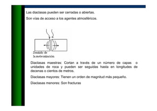 Las diaclasas pueden ser cerradas o abiertas.
Son vías de acceso a los agentes atmosféricos.
Diaclasas maestras: Cortan a través de un número de capas o
unidades de roca y pueden ser seguidas hasta en longitudes de
decenas o cientos de metros.
Diaclasas mayores: Tienen un orden de magnitud más pequeño.
Diaclasas menores: Son fracturas
 