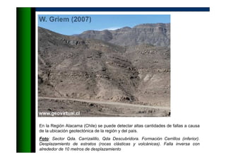 En la Región Atacama (Chile) se puede detectar altas cantidades de fallas a causa
de la ubicación geotectónica de la región y del país.
Foto: Sector Qda. Carrizalillo, Qda Descubridora. Formación Cerrillos (inferior).
Desplazamiento de estratos (rocas clásticas y volcánicas). Falla inversa con
alrededor de 10 metros de desplazamiento
 