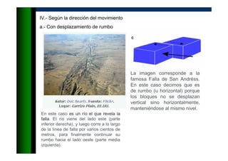 IV.- Según la dirección del movimiento
a.- Con desplazamiento de rumbo
La imagen corresponde a la
famosa Falla de San Andréss.
En este caso decimos que es
de rumbo (u horizontal) porque
los bloques no se desplazan
vertical sino horizontalmente,
manteniéndose al mismo nivel.
En este caso es un res un res un res un ríííío el que revela lao el que revela lao el que revela lao el que revela la
fallafallafallafalla. El río viene del lado este (parte
inferior derecha), y luego corre a lo largo
de la línea de falla por varios cientos de
metros, para finalmente continuar su
rumbo hacia el lado oeste (parte media
izquierda).
 