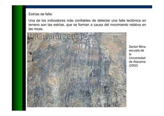Estrías de falla:
Una de los indicadores más confiables de detectar una falla tectónica en
terreno son las estrías, que se forman a causa del movimiento relativa en
las rocas.
Sector Mina
escuela de
la
Universidad
de Atacama
(2002)
 