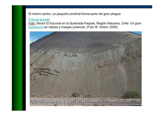 El mismo sector, un pequeño sinclinal forma parte del gran pliegue
Foto en grande
Foto: Sector El Escorial en la Quebrada Paipote, Región Atacama, Chile: Un gran
anticlinorio en calizas y margas jurásicas. (Foto W. Griem; 2005)
 