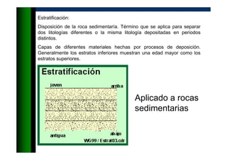 Estratificación:
Disposición de la roca sedimentaría. Término que se aplica para separar
dos litologías diferentes o la misma litología depositadas en periodos
distintos.
Capas de diferentes materiales hechas por procesos de deposición.
Generalmente los estratos inferiores muestran una edad mayor como los
estratos superiores.
Aplicado a rocas
sedimentarias
 