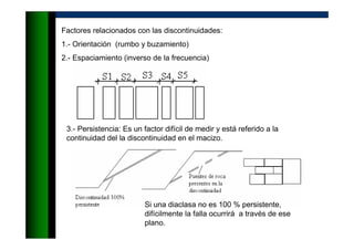 Factores relacionados con las discontinuidades:
1.- Orientación (rumbo y buzamiento)
2.- Espaciamiento (inverso de la frecuencia)
3.- Persistencia: Es un factor difícil de medir y está referido a la
continuidad del la discontinuidad en el macizo.
Si una diaclasa no es 100 % persistente,
difícilmente la falla ocurrirá a través de ese
plano.
 