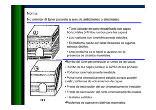Norma:
No orientar él túnel paralelo a ejes de anticlinales o sinclinales.
• Túnel ubicado en suelo estratificado con capas
horizontales (infinitos rumbos para las capas)
• Los hastíales son cinemáticamente estables.
• El problema puede ser fallas flexulares de algunos
estratos débiles.
• Otro problema es el hacer el avance con la
presencia de distintos materiales.
•Rumbo del túnel perpendicular a rumbo de las capas
• Rumbo de las capas paralelo al rumbo de los portales.
• Portal sur cinematicamente inestable.
• Portal norte cinematicamente estable aunque pueden
existir problemas de volcamientos de capas.
• Frente de excavación del sur cinematicamente inestable
• Frente de excavación del norte cinematicamente estable
• Hastíales estables.
•Problemas de avance en distintos materiales.
 