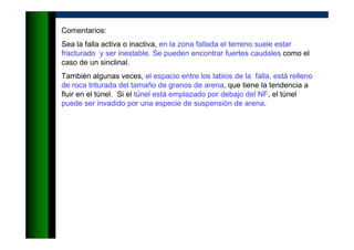 Comentarios:
Sea la falla activa o inactiva, en la zona fallada el terreno suele estar
fracturado y ser inestable. Se pueden encontrar fuertes caudales como el
caso de un sinclinal.
También algunas veces, el espacio entre los labios de la falla, está relleno
de roca triturada del tamaño de granos de arena, que tiene la tendencia a
fluir en el túnel. Si el túnel está emplazado por debajo del NF, el túnel
puede ser invadido por una especie de suspensión de arena.
 