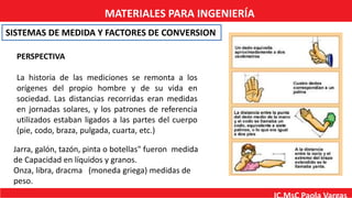 MATERIALES PARA INGENIERÍA
PERSPECTIVA
La historia de las mediciones se remonta a los
orígenes del propio hombre y de su vida en
sociedad. Las distancias recorridas eran medidas
en jornadas solares, y los patrones de referencia
utilizados estaban ligados a las partes del cuerpo
(pie, codo, braza, pulgada, cuarta, etc.)
SISTEMAS DE MEDIDA Y FACTORES DE CONVERSION
Jarra, galón, tazón, pinta o botellas" fueron medida
de Capacidad en líquidos y granos.
Onza, libra, dracma (moneda griega) medidas de
peso.
 