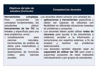 Objetivos del plan de
estudios (Currículo)
Competencias docentes
Herramientas complejas.
Para comprender los
conceptos fundamentales, los
estudiantes utilizan
herramientas de las TIC no
lineales y específicas para una
área académica, como:
• visualizaciones para
ciencias naturales,
herramientas de análisis de
datos para matemáticas y
simulaciones de
desempeños de funciones
(roles) para ciencias
sociales.
Los docentes deben conocer una variedad de:
• aplicaciones y herramientas específicas y
deben ser capaces de utilizarlas con
flexibilidad en diferentes situaciones basadas
en problemas y proyectos.
• Los docentes deben poder utilizar redes de
recursos para ayudar a los estudiantes a
colaborar, acceder a la información y
comunicarse con expertos externos, a fin de
analizar y resolver los problemas
seleccionados.
• Los docentes también deberán estar en
capacidad de utilizar las TIC para crear y
supervisar proyectos de clase realizados
individualmente o por grupos de estudiantes.
 