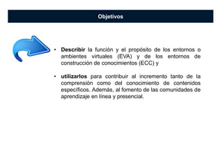 Objetivos
• Describir la función y el propósito de los entornos o
ambientes virtuales (EVA) y de los entornos de
construcción de conocimientos (ECC) y
• utilizarlos para contribuir al incremento tanto de la
comprensión como del conocimiento de contenidos
específicos. Además, al fomento de las comunidades de
aprendizaje en línea y presencial.
 