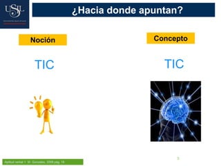 5
¿Hacia donde apuntan?
Noción Concepto
TIC TIC
Aptitud verbal 1 W. Gonzales, 2008 pág. 18
 