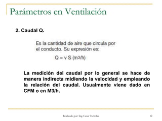 Realizado por: Ing. Cesar Torrellas 12
Parámetros en Ventilación
2. Caudal Q.
La medición del caudal por lo general se hace de
manera indirecta midiendo la velocidad y empleando
la relación del caudal. Usualmente viene dado en
CFM o en M3/h.
 