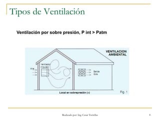 Realizado por: Ing. Cesar Torrellas 4
Tipos de Ventilación
Ventilación por sobre presión, P int > Patm
 