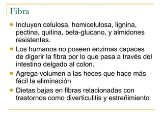 Fibra Incluyen celulosa, hemicelulosa, lignina, pectina, quitina, beta-glucano, y almidones resistentes. Los humanos no poseen enzimas capaces de digerir la fibra por lo que pasa a través del intestino delgado al colon.  Agrega volumen a las heces que hace más fácil la eliminación Dietas bajas en fibras relacionadas con trastornos como diverticulitis y estreñimiento 