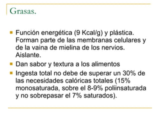 Grasas.  Función energética (9 Kcal/g) y plástica. Forman parte de las membranas celulares y de la vaina de mielina de los nervios. Aislante.  Dan sabor y textura a los alimentos Ingesta total no debe de superar un 30% de las necesidades calóricas totales (15% monosaturada, sobre el 8-9% poliinsaturada y no sobrepasar el 7% saturados). 