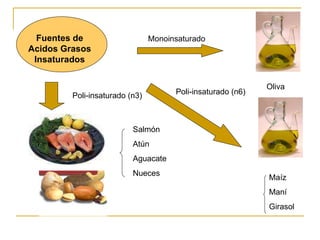 Fuentes de Acidos Grasos Insaturados Monoinsaturado Oliva Maíz Maní Girasol Poli-insaturado (n6) Salmón Atún Aguacate Nueces Poli-insaturado (n3) 