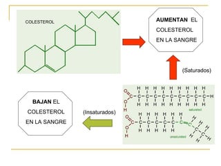 AUMENTAN   EL COLESTEROL EN LA SANGRE BAJAN  EL COLESTEROL EN LA SANGRE COLESTEROL (Saturados)   (Insaturados) 