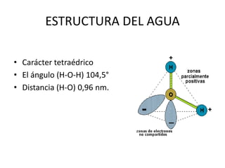 ESTRUCTURA DEL AGUA
• Carácter tetraédrico
• El ángulo (H-O-H) 104,5°
• Distancia (H-O) 0,96 nm.
 