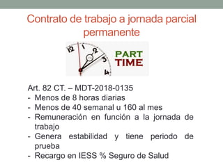 Contrato de trabajo a jornada parcial
permanente
Art. 82 CT. – MDT-2018-0135
- Menos de 8 horas diarias
- Menos de 40 semanal u 160 al mes
- Remuneración en función a la jornada de
trabajo
- Genera estabilidad y tiene periodo de
prueba
- Recargo en IESS % Seguro de Salud
 