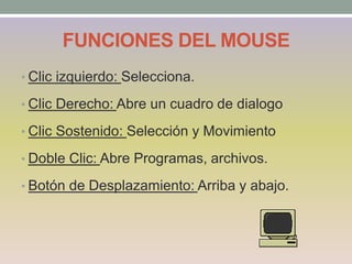 FUNCIONES DEL MOUSE
• Clic izquierdo: Selecciona.
• Clic Derecho: Abre un cuadro de dialogo
• Clic Sostenido: Selección y Movimiento
• Doble Clic: Abre Programas, archivos.
• Botón de Desplazamiento: Arriba y abajo.
 