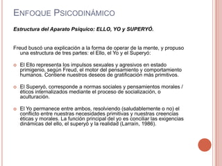 ENFOQUE PSICODINÁMICO
Estructura del Aparato Psíquico: ELLO, YO y SUPERYÓ.


Freud buscó una explicación a la forma de operar de la mente, y propuso
   una estructura de tres partes: el Ello, el Yo y el Superyó:

   El Ello representa los impulsos sexuales y agresivos en estado
    primigenio, según Freud, el motor del pensamiento y comportamiento
    humanos. Contiene nuestros deseos de gratificación más primitivos.

   El Superyó, corresponde a normas sociales y pensamientos morales /
    éticos internalizados mediante el proceso de socialización, o
    aculturación.

   El Yo permanece entre ambos, resolviendo (saludablemente o no) el
    conflicto entre nuestras necesidades primitivas y nuestras creencias
    éticas y morales. La función principal del yo es conciliar las exigencias
    dinámicas del ello, el superyó y la realidad (Larraín, 1986).
 