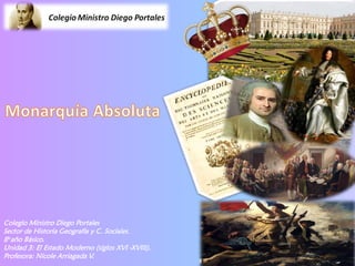 Colegio Ministro Diego Portales
Sector de Historia Geografía y C. Sociales.
8°año Básico.
Unidad 3: El Estado Moderno (siglos XVI -XVIII).
Profesora: Nicole Arriagada V.
 