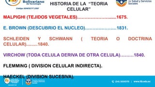 HISTORIA DE LA “TEORIA
CELULAR”
MALPIGHI (TEJIDOS VEGETALES)…………………......1675.
E. BROWN (DESCUBRIO EL NUCLEO)…………………1831.
SCHLEIDEN Y SCHWANN ( TEORIA O DOCTRINA
CELULAR).........1840.
VIRCHOW (TODA CELULA DERIVA DE OTRA CELULA)………1840.
FLEMMING ( DIVISION CELULAR INDIRECTA).
HAECKEL (DIVISION SUCESIVA).
 