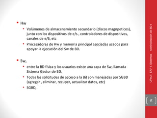  Hw




                                                                          Administración de BD I
   • Volúmenes de almacenamiento secundario (discos magnpeticos),
     junto con los dispositivos de e/s , controladores de dispositivos,
     canales de e/S, etc
   • Procesadores de Hw y memoria principal asociadas usados para
     apoyar la ejecución del Sw de BD.




                                                                          UPeU - EAP I. Sistemas
 Sw,
   • entre la BD física y los usuarios existe una capa de Sw, llamada
     Sistema Gestor de BD.
   • Todas las solicitudes de acceso a la Bd son manejadas por SGBD
     (agregar , eliminar, recuper, actualizar datos, etc)
   • SGBD,


                                                                                5
 
