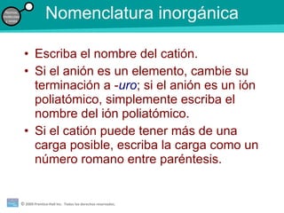 Nomenclatura inorgánica Escriba el nombre del catión. Si el anión es un elemento, cambie su terminación a - uro ; si el anión es un ión poliatómico, simplemente escriba el nombre del ión poliatómico. Si el catión puede tener más de una carga posible, escriba la carga como un número romano entre paréntesis. 