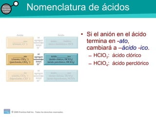 Nomenclatura de ácidos Si el anión en el ácido termina en - ato , cambiará a – ácido  - ico . HClO 3 :  ácido clórico HClO 4 :  ácido perclórico 