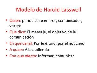 Modelo de Harold Lasswell Quien:  periodista o emisor, comunicador, vocero Que dice:  El mensaje, el objetivo de la comunicación En que canal:  Por teléfono, por el noticiero A quien:  A la audiencia Con que efecto:  Informar, comunicar  