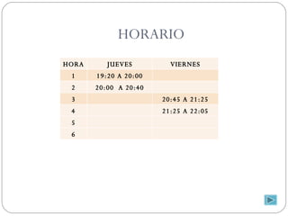 HORARIO HORA JUEVES VIERNES 1 19:20 A 20:00 2 20:00  A 20:40 3 20:45 A 21:25 4 21:25 A 22:05 5 6 