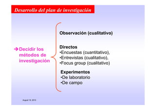 Desarrollo del plan de investigación



                     Observación (cualitativo)


                     Directos
  Decidir los
                     •Encuestas (cuantitativo),
  métodos de
                     •Entrevistas (cualitativo),
  investigación      •Focus group (cualitativo)

                     Experimentos
                     •De laboratorio
                     •De campo


   August 19, 2010
 
