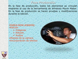 Fase Producción En la fase de producción, todos los elementos se vinculan mediante el uso de la herramienta de Windows Movie Maker. En la fase de producción se hacen pruebas y modificaciones durante la edición. Implica tener presente: Edición imágenes Rótulos Audios Manejo de la cámara Incorporación de efectos 
