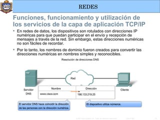 Funciones, funcionamiento y utilización de los servicios de la capa de aplicación TCP/IP En redes de datos, los dispositivos son rotulados con direcciones IP numéricas para que puedan participar en el envío y recepción de mensajes a través de la red. Sin embargo, estas direcciones numéricas no son fáciles de recordar. Por lo tanto, los nombres de dominio fueron creados para convertir las direcciones numéricas en nombres simples y reconocibles. 