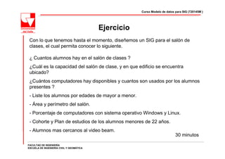 Curso Modelo de datos para SIG (720145M )




                                          Ejercicio
 Con lo que tenemos hasta el momento, diseñemos un SIG para el salón de
 clases, el cual permita conocer lo siguiente.

 ¿ Cuantos alumnos hay en el salón de clases ?
 ¿Cuál es la capacidad del salón de clase, y en que edificio se encuentra
 ubicado?
 ¿Cuántos computadores hay disponibles y cuantos son usados por los alumnos
 presentes ?
 - Liste los alumnos por edades de mayor a menor.
 - Área y perímetro del salón.
 - Porcentaje de computadores con sistema operativo Windows y Linux.
 - Cohorte y Plan de estudios de los alumnos menores de 22 años.
 - Alumnos mas cercanos al video beam.
                                                                            30 minutos
FACULTAD DE INGENIERÍA
ESCUELA DE INGENIERÍA CIVIL Y GEOMÁTICA
 