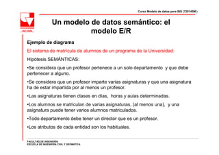 Curso Modelo de datos para SIG (720145M )



                  Un modelo de datos semántico: el
                            modelo E/R
Ejemplo de diagrama
El sistema de matrícula de alumnos de un programa de la Universidad:
Hipótesis SEMÁNTICAS:
•Se considera que un profesor pertenece a un solo departamento y que debe
pertenecer a alguno.
•Se considera que un profesor imparte varias asignaturas y que una asignatura
ha de estar impartida por al menos un profesor.
•Las asignaturas tienen clases en días, horas y aulas determinadas.
•Los alumnos se matriculan de varias asignaturas, (al menos una), y una
asignatura puede tener varios alumnos matriculados.
•Todo departamento debe tener un director que es un profesor.
•Los atributos de cada entidad son los habituales.

FACULTAD DE INGENIERÍA
ESCUELA DE INGENIERÍA CIVIL Y GEOMÁTICA
 